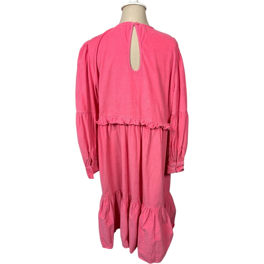 Asos Denim Pink Corduroy Frill Smocked Tiered Midi Dress Long Sleeve Sz US 14 - Picture 7 of 9